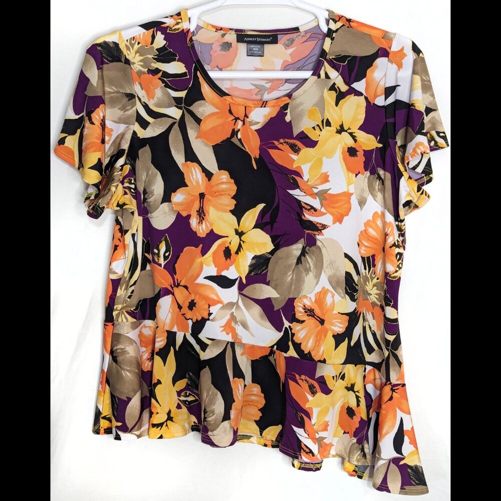 Fun ASHLEY STEWART 18/20 1X 0X Floral Print Stretch Asymmetric Hem Peplum Blouse